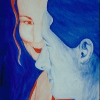 Acrylbild einer Frau in Rot und eines Mannes in Blau